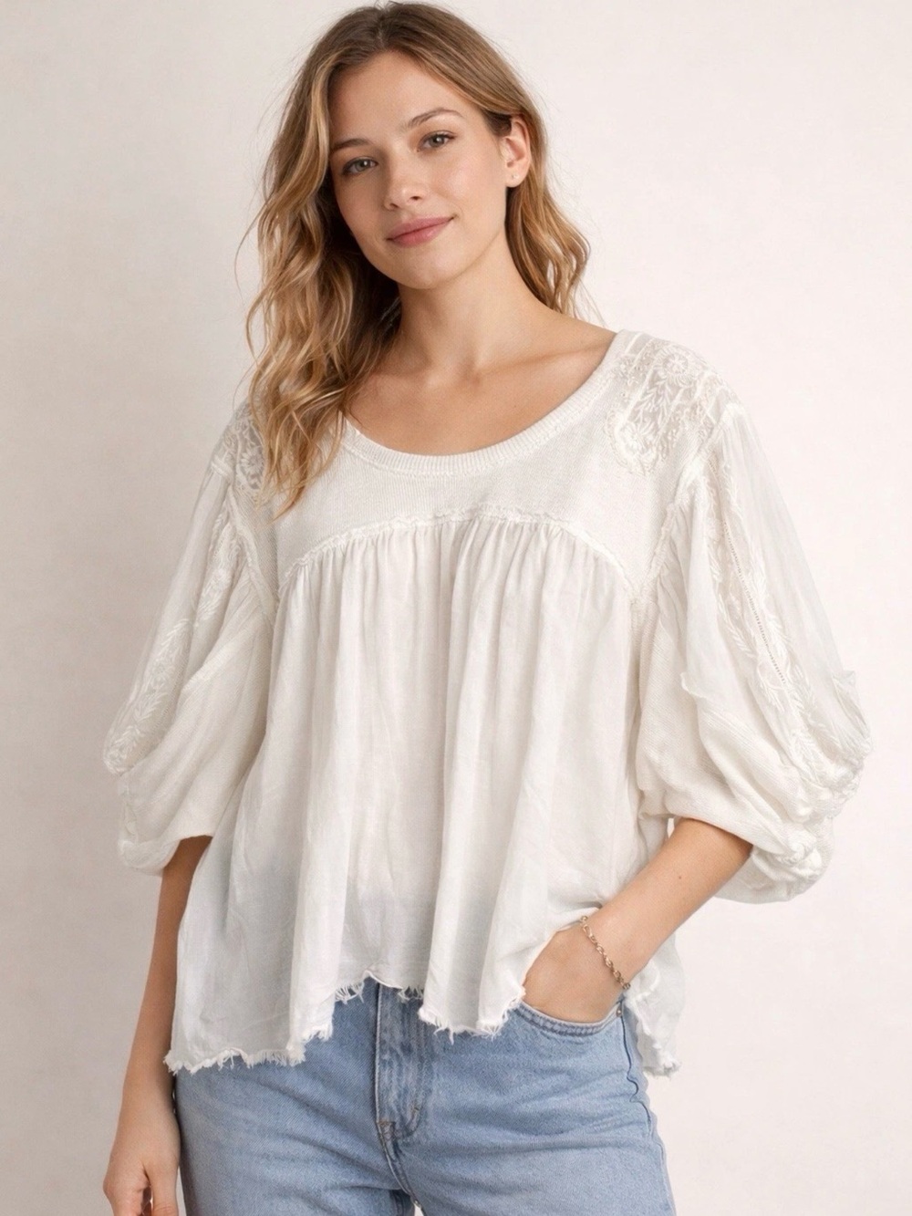 Free People Sunday Top Oversized White Embroidered ballon sleeves Sz S